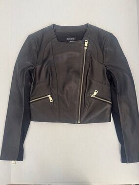 bebe Black Cropped Leather Moto Jacket with Gold Hardware